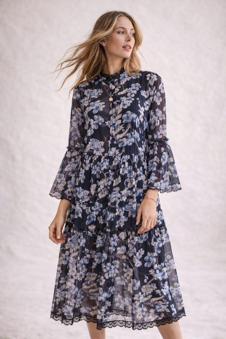 Temperley London Floral Sheer Midi Dress Lace Trim Whimsical Romantic UK14 US10